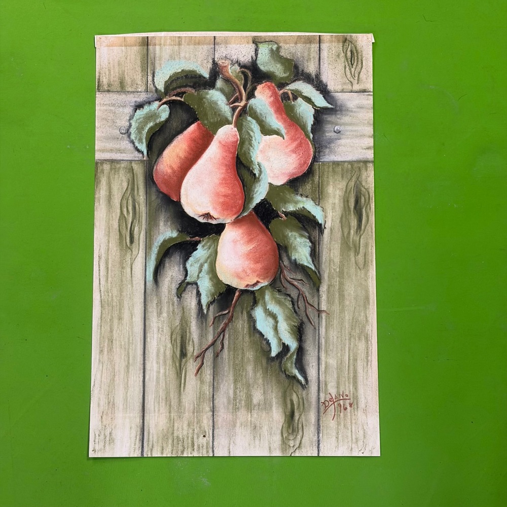 VTG 90s Signed Delano Pastel Pears Drawing 1996 Original Farmhouse Kitchen Art
